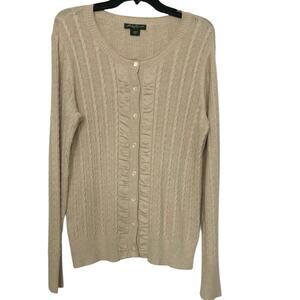 Eddie Bauer Cotton Blend Tan Beige Cable Knit Cardigan Sweater Preppy Classic L